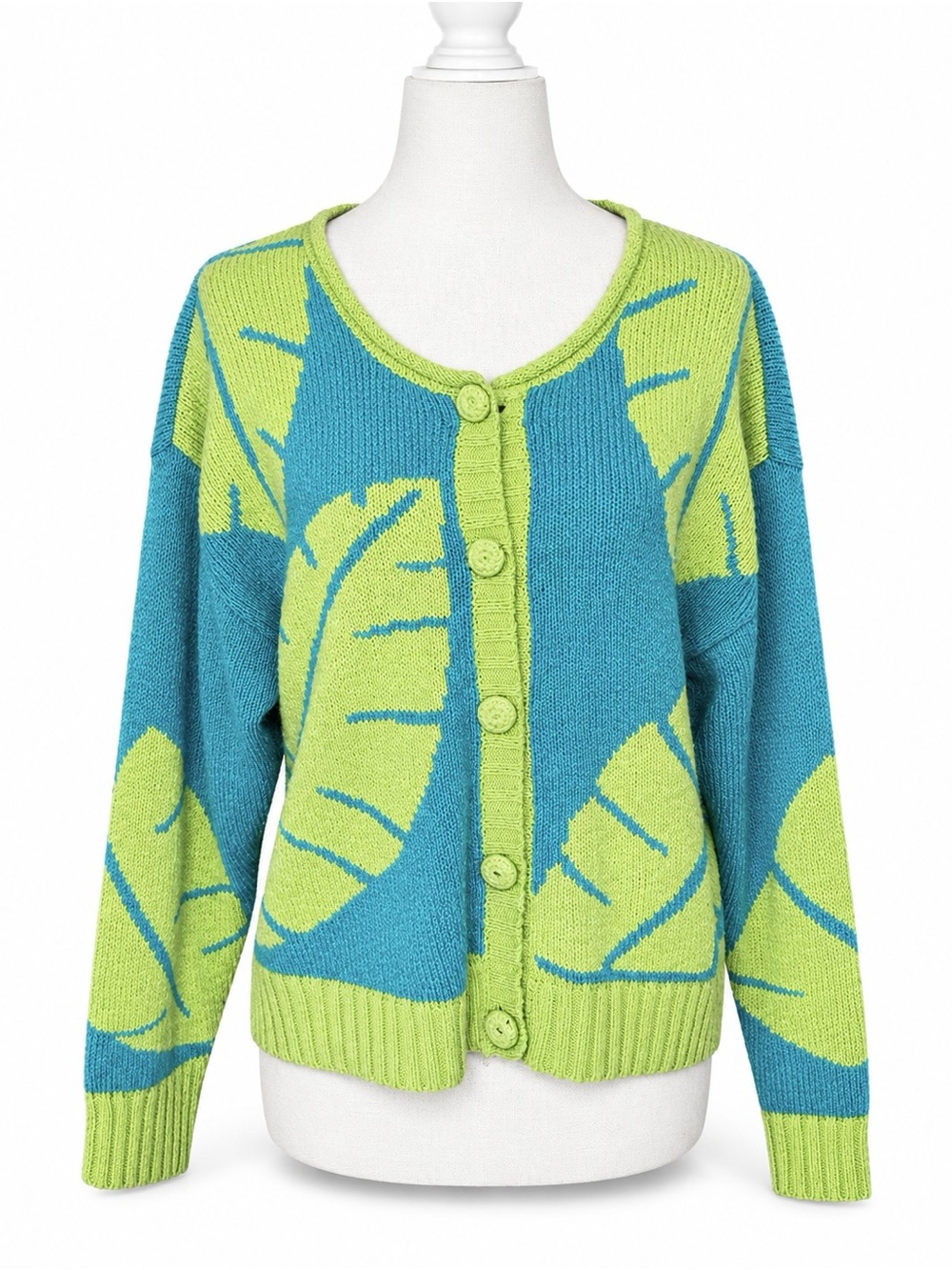 PBJ Sport Cardigan Sweater Womens S Turquoise Lime Leaf Print Y2K Tropical Knit
